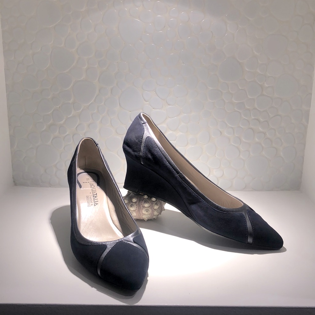Aquatalia Navy And Silver Trim Suede Wedge Pumps